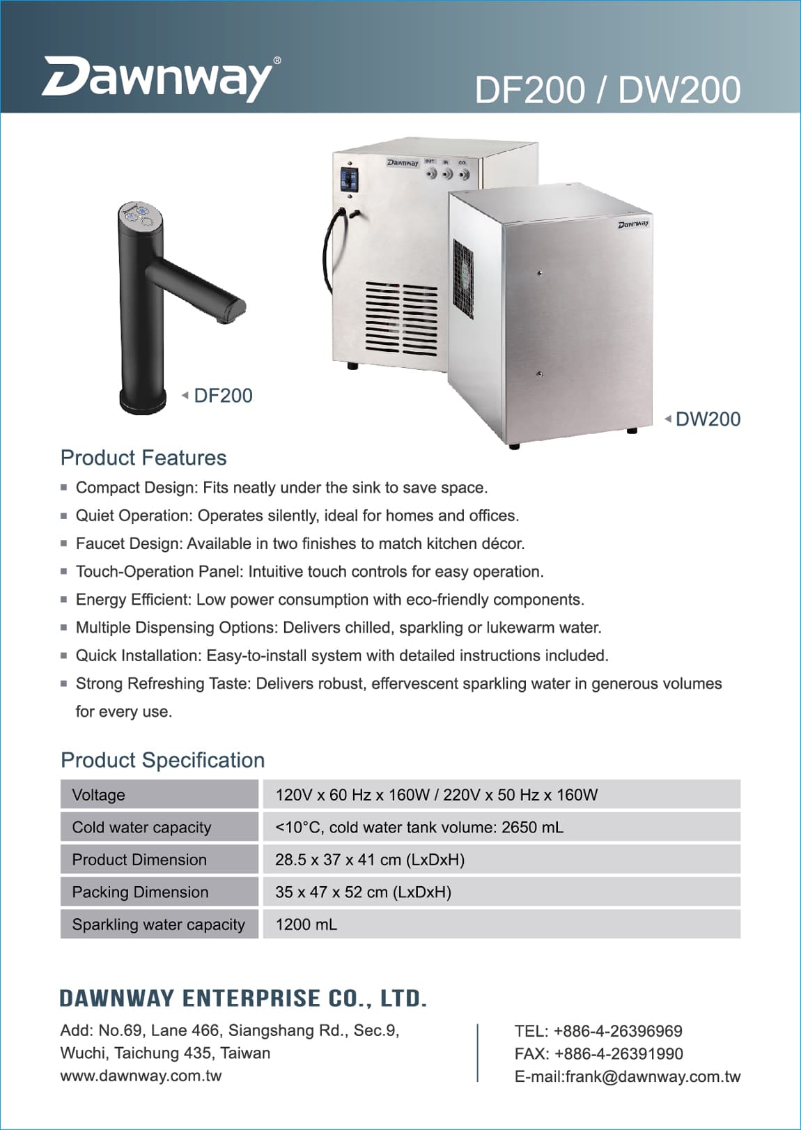 Specifications of 3 in 1 Sparkling Water Dispenser DF200